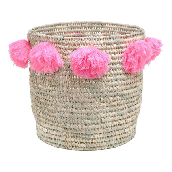 Panier en paille ROSE IN APRIL a pompons roses moyen